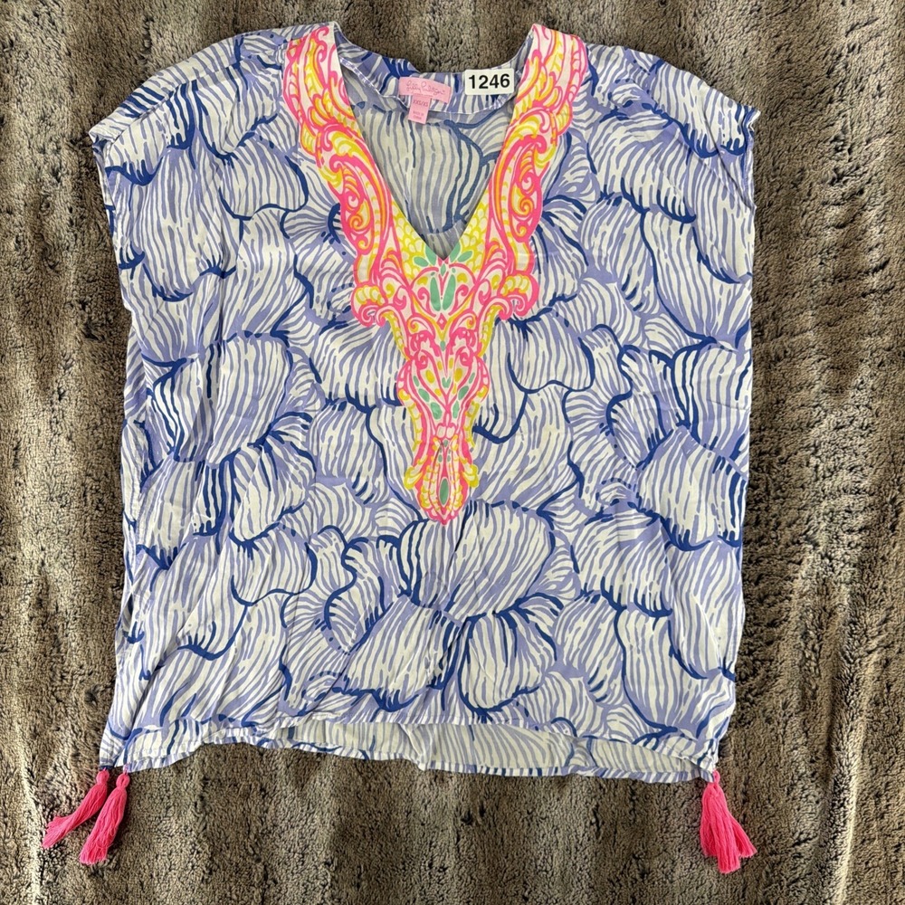 Lilly Pulitzer Sydney Caftan Top Coverup Sz XXS/XS Pink Blue Relaxed Beachy Boho
